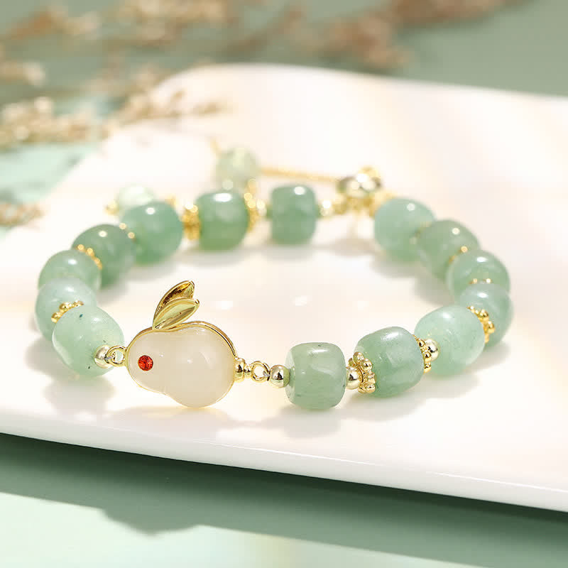 LAOTLON Year of the Rabbit Natural Green Aventurine Luck Bead Bracelet