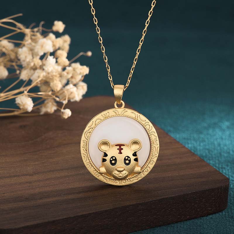 LAOTLON White Jade Year of the Tiger Blessing Necklace