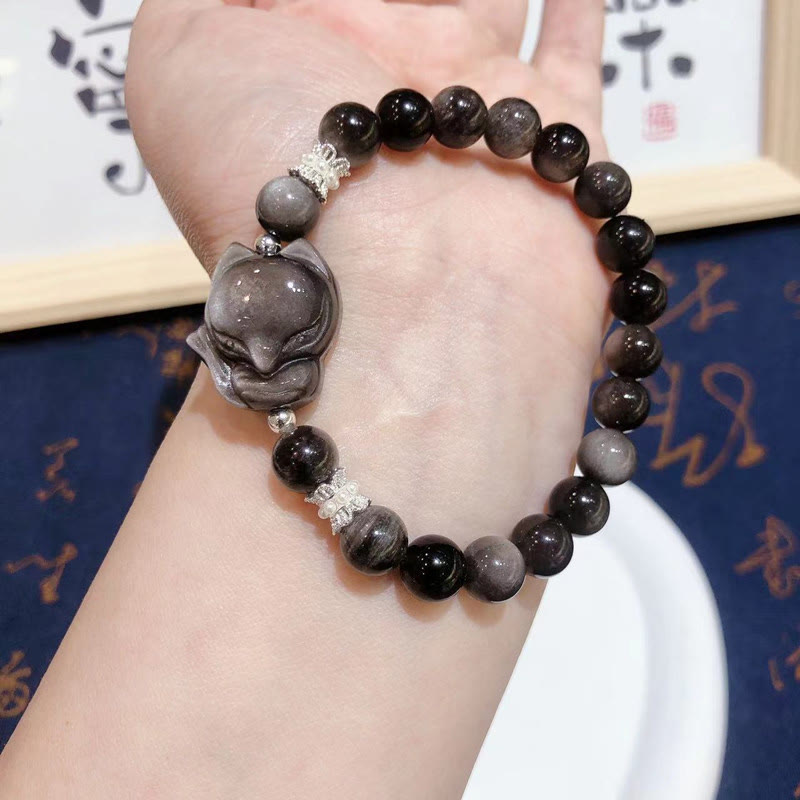 LAOTLON Natural Silver Sheen Obsidian Nine Tailed Fox Communication Bracelet
