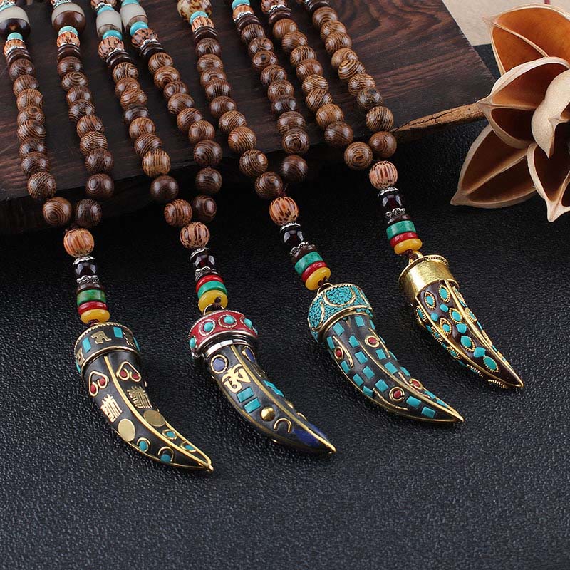 LAOTLON Tibet Wenge Wood Om Mani Padme Hum OM Symbol Mantra Horn Pattern Protection Necklace Pendant