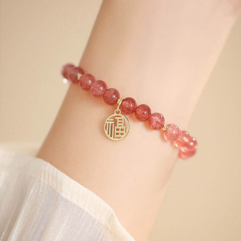 LAOTLON 14K Gold Plated Strawberry Quartz Fu Character Healing Charm Bracelet