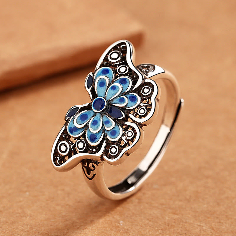 LAOTLON Hollow Enamel Blue Butterfly Pattern Love Ring