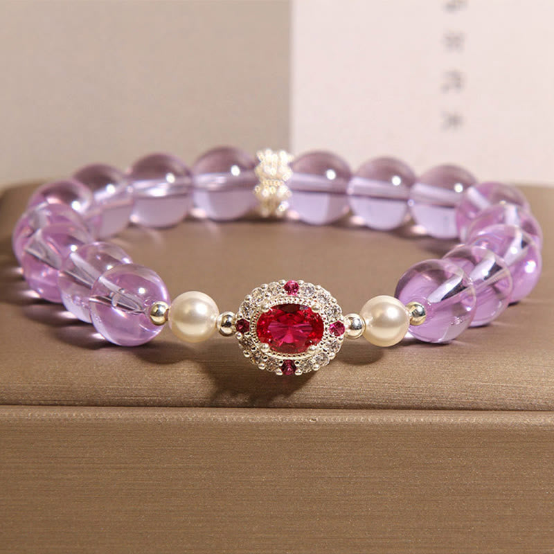 LAOTLON Natural Amethyst Pearl Red Zircon Balance Bracelet