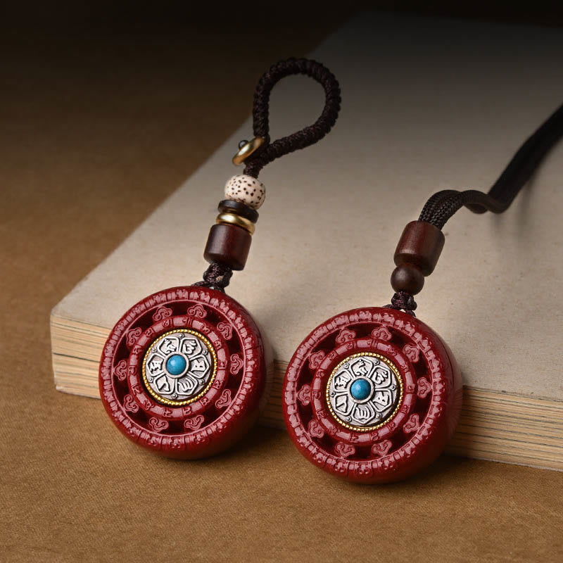 LAOTLON Cinnabar Om Mani Padme Hum Blessing Rotatable Necklace Pendant Key Chain