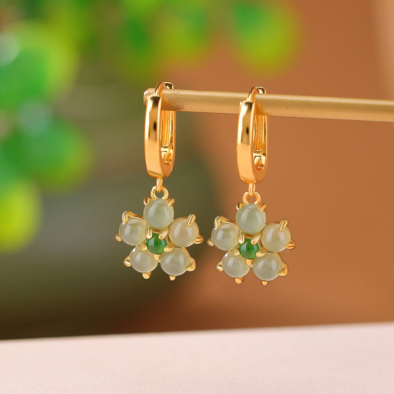 LAOTLON 925 Sterling Silver Plated Gold Green Jade Flower Design Luck Prosperity Earrings