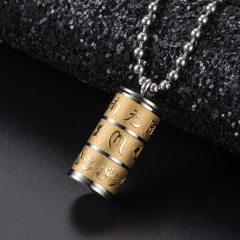 LAOTLON Tibetan Om Mani Padme Hum Lotus Pattern Prayer Wheel Titanium Steel Peace Necklace Pendant