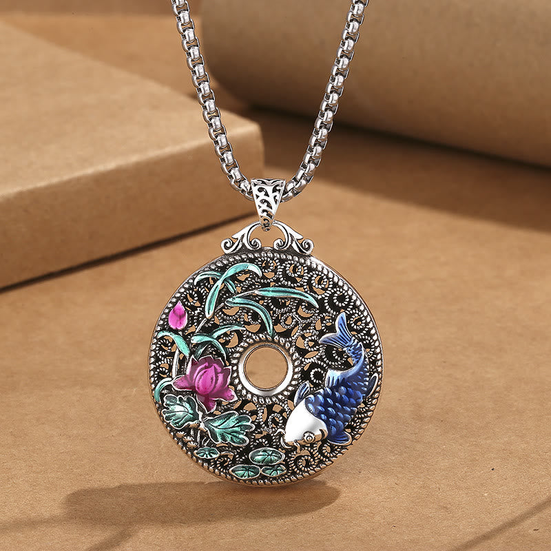 LAOTLON Koi Fish Lotus Peace Buckle Fu Character Wealth Luck Necklace Pendant