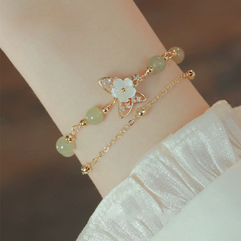 LAOTLON 14K Gold Plated Jade Butterfly Tridacna Stone Flower Double Layer Luck Bracelet