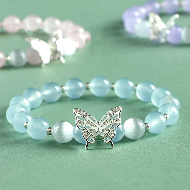 LAOTLON Blue Chalcedony Pink Crystal Purple Chalcedony Butterfly Energy Bracelet