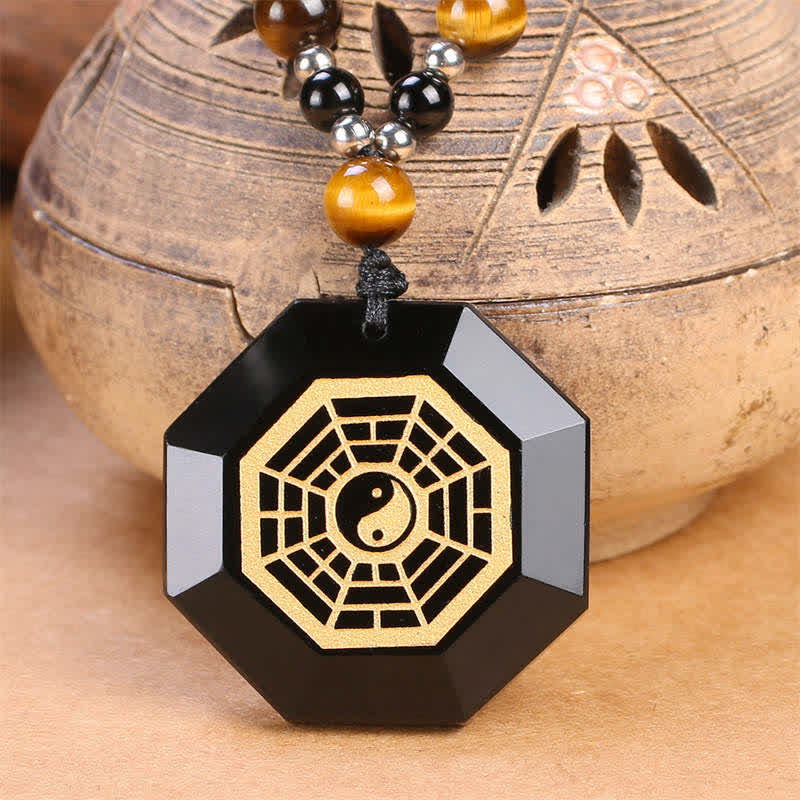 LAOTLON Bagua Yin Yang Black Obsidian Purification Beaded Necklace Pendant