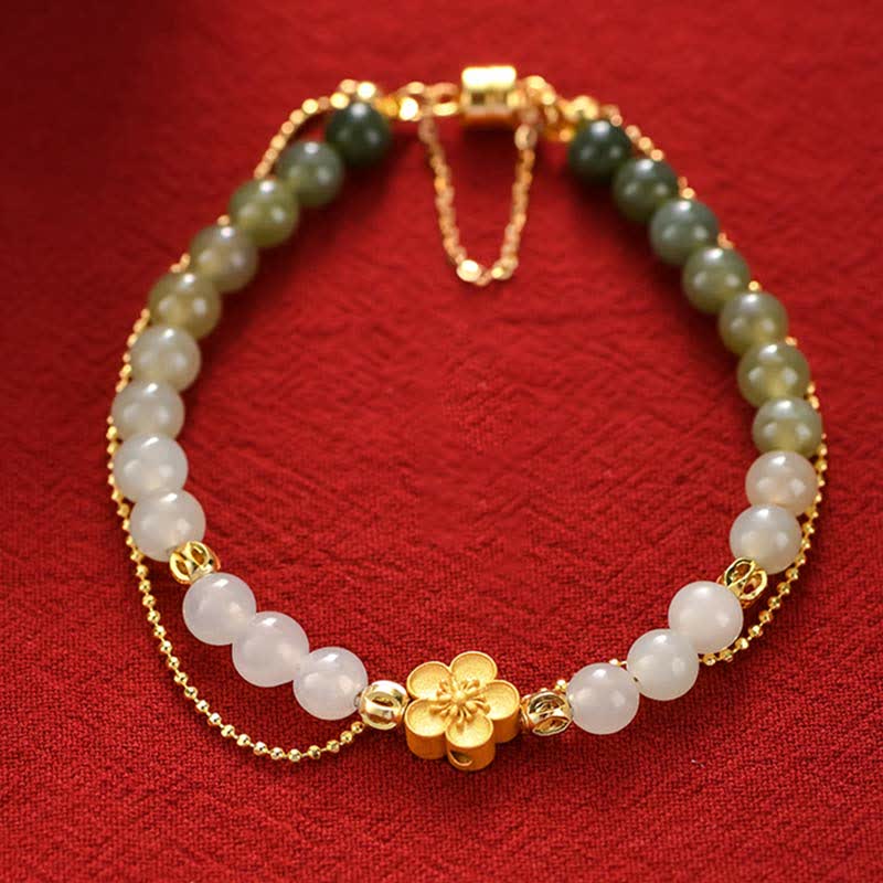 LAOTLON 925 Sterling Silver Natural Hetian Jade Peach Blossom Luck Chain Bracelet