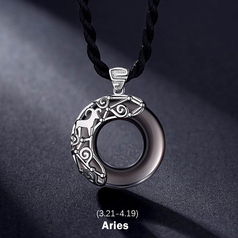 LAOTLON 12 Constellations of the Zodiac Ice Obsidian Blessing Round Pendant Necklace