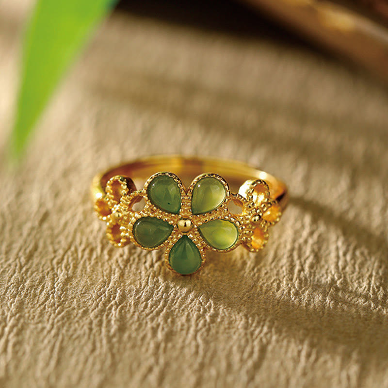 LAOTLON Natural Hetian Jade 925 Sterling Silver Plated Gold Flower Adjustable Prosperity Ring
