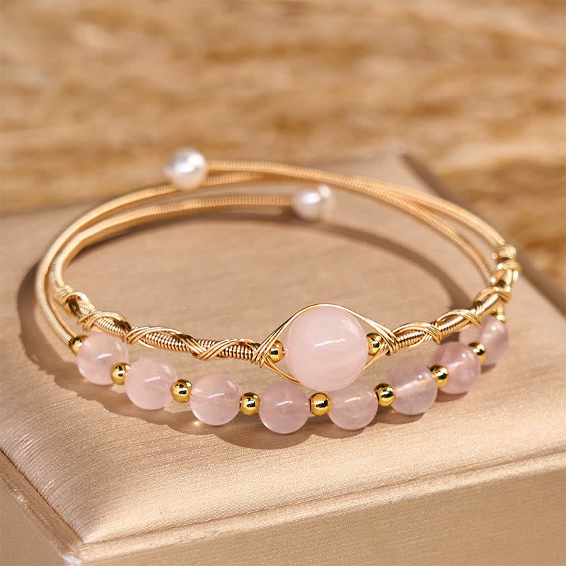 LAOTLON Natural Rose Quartz Love Healing Metal Cuff Bracelet Bangle