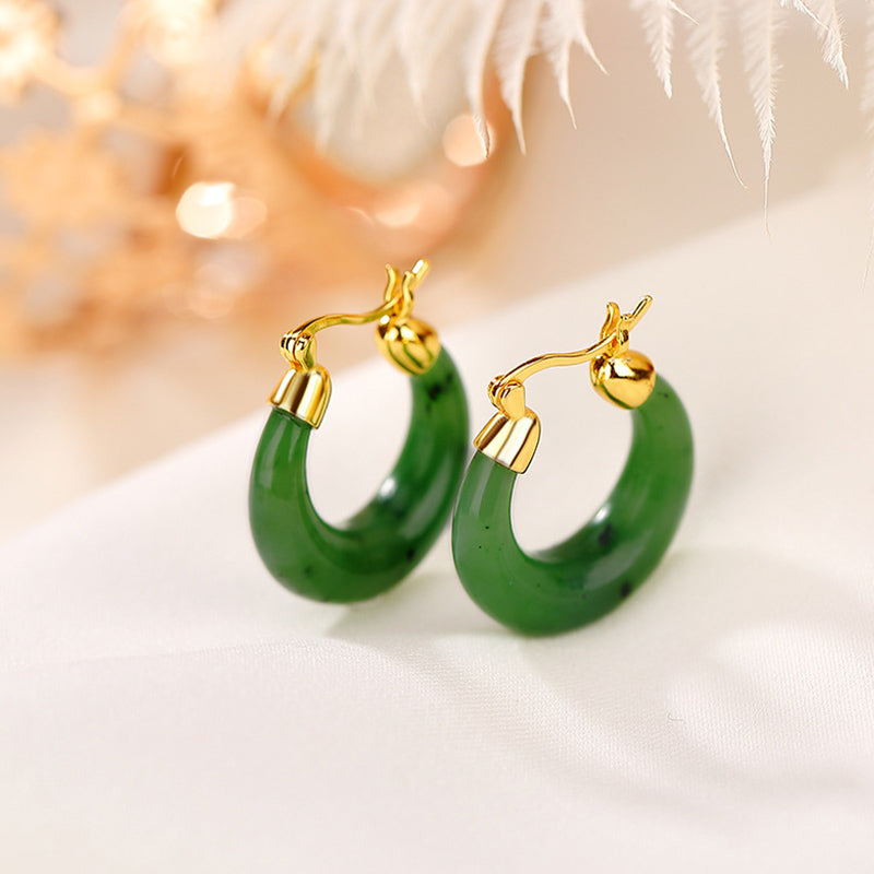 LAOTLON 925 Sterling Silver Plated Gold Natural Round Hetian Cyan Jade Luck Drop Earrings