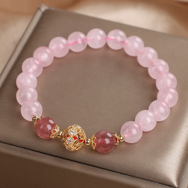 LAOTLON Pink Crystal Strawberry Quartz Love Bracelet