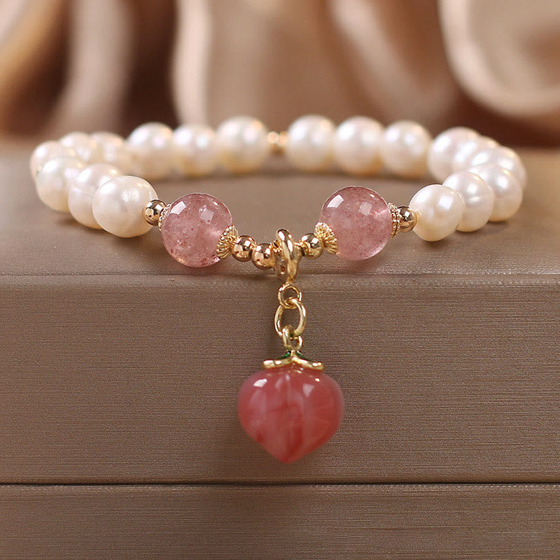 LAOTLON Natural Pearl Strawberry Quartz Peach Love Heart Wisdom Charm Bracelet