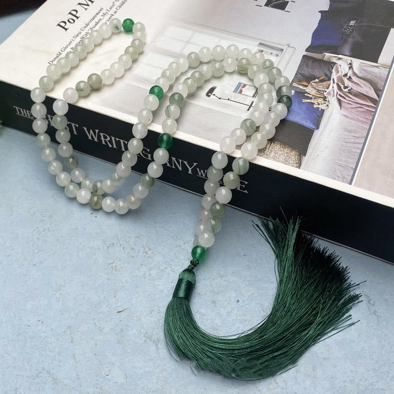 LAOTLON 108 Mala Beads Natural Tianshan Jade Tassel Luck Bracelet