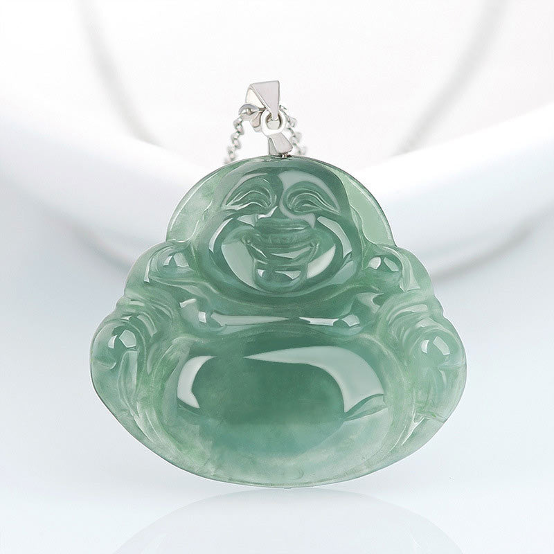 LAOTLON 925 Sterling Silver Laughing LAO Jade Protection Calm Necklace Chain Pendant
