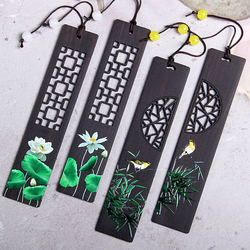 LAOTLON Green Lotus Bamboo Oriole Ebony Wood Bookmarks With Gift Box