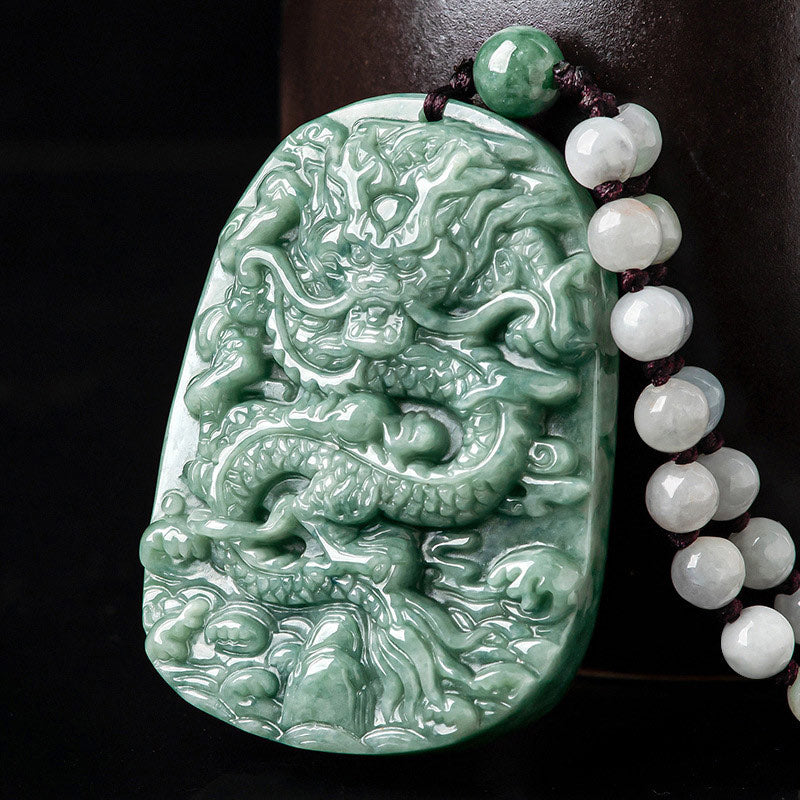 LAOTLON Chinese Zodiac Dragon Jade Prosperity Necklace Bead String Pendant