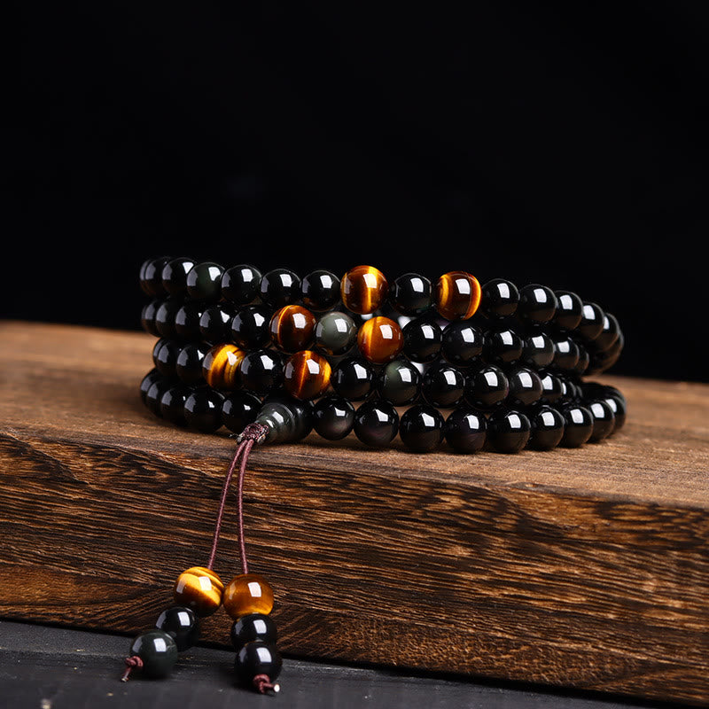 LAOTLON 108 Mala Beads Black Obsidian lce Obsidian Fulfilment Bracelet