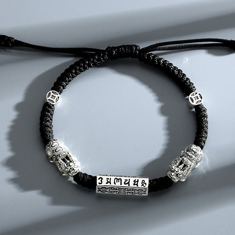 LAOTLON Double PiXiu Feng Shui Copper Coin Om Mani Padme Hum String Bracelet