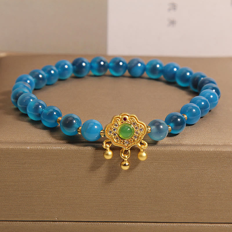LAOTLON Blue Candy Agate Chinese Lock Charm Healing Bracelet