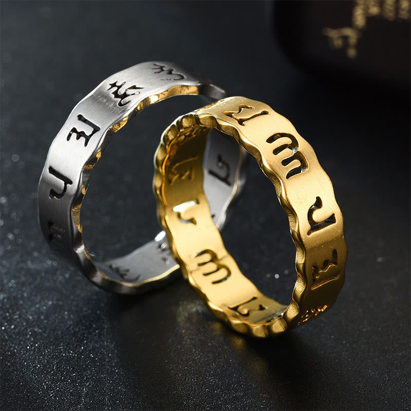 LAOTLON Tibetan Hollow Om Mani Padme Hum Titanium Steel Balance Ring