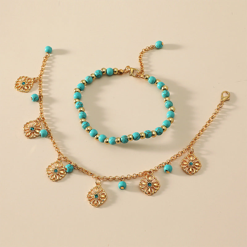 LAOTLON 2Pcs Turquoise Stone Flower Protection Bracelet Anklet