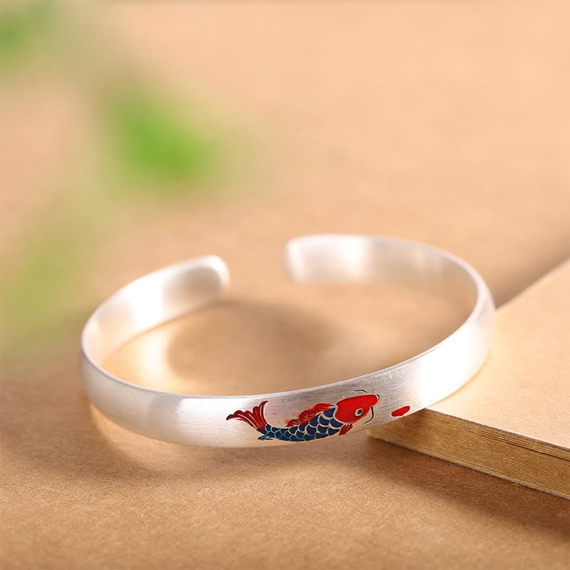 LAOTLON 999 Sterling Silver Koi Fish Luck Cuff Bracelet Bangle