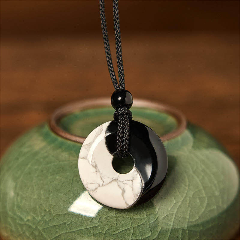 LAOTLON Natural Black Obsidian White Turquoise Yin Yang Peace Buckle Design Braided String Strength Necklace Pendant