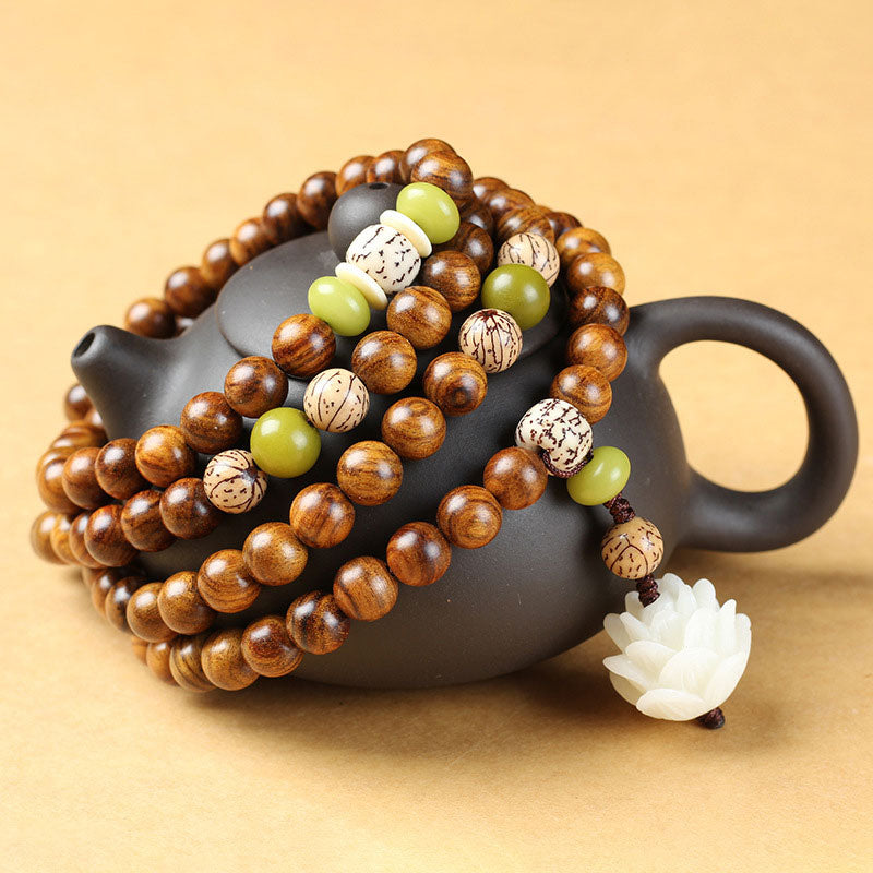 LAOTLON Tibetan Rosewood Lotus Mala Protection Calm Necklace Bracelet