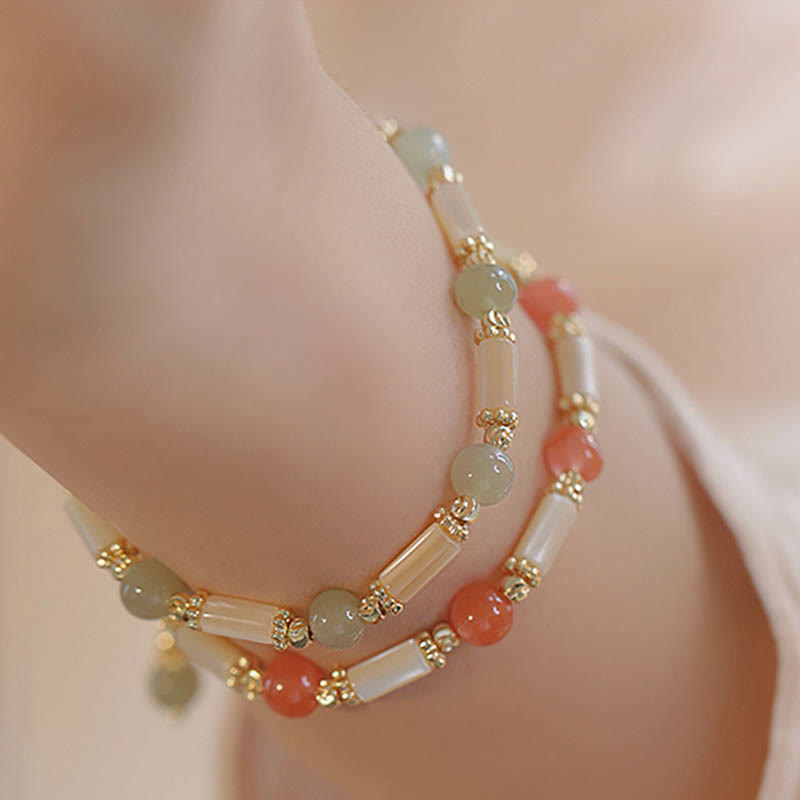 LAOTLON Tridacna Stone Red Agate Hetian Jade Blessing Bracelet