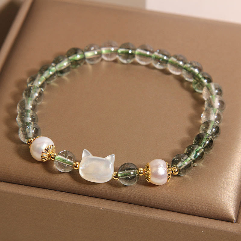 LAOTLON Natural Green Phantom Pearl Shell Cat Head Lucky Bracelet