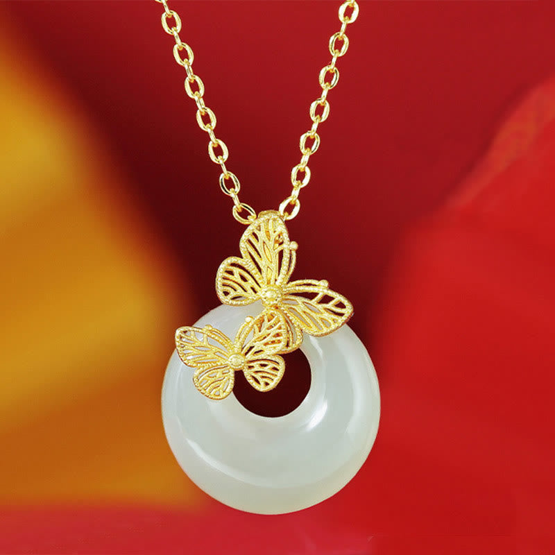 LAOTLON 925 Sterling Silver Natural Hetian Jade Butterfly Prosperity Necklace Pendant