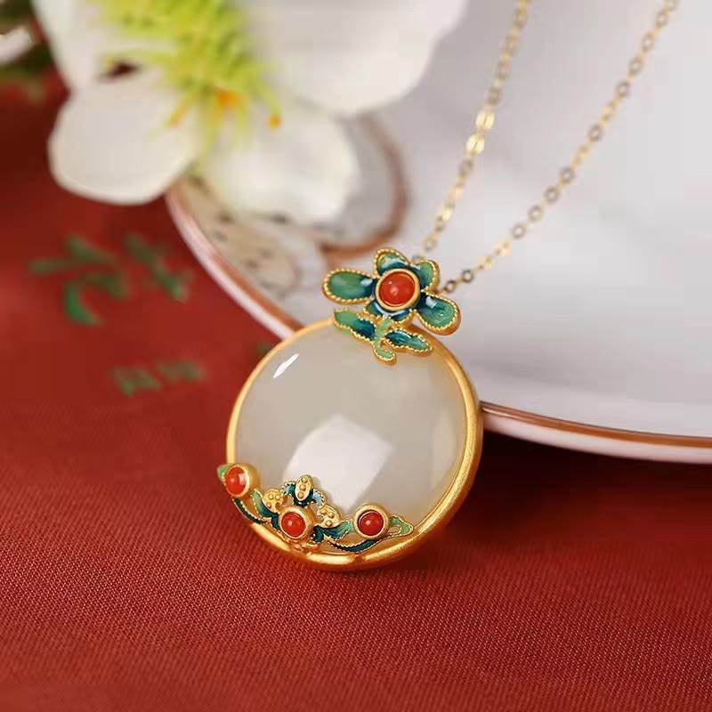 LAOTLON White Jade Red Agate Flower Blessing Luck Necklace Pendant