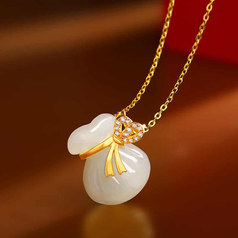 LAOTLON Natural Hetian White Jade Luck Money Bag Necklace Pendant