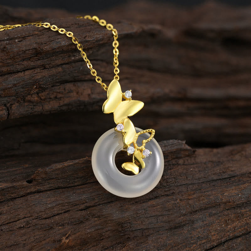 LAOTLON 925 Sterling Silver Butterfly Chalcedony Peace Buckle Blessing Luck Necklace Pendant