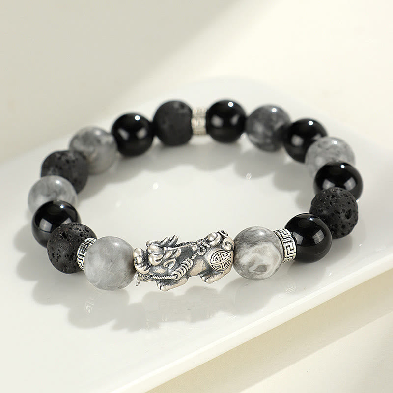 LAOTLON 999 Sterling Silver PiXiu Black Onyx Grey Jasper Lava Rock Protection Bracelet