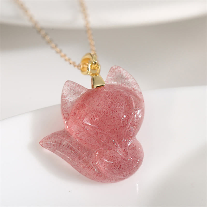 2. LAOTLON 14k Gold Plated 925 Sterling Silver Strawberry Quartz Fox Healing Necklace