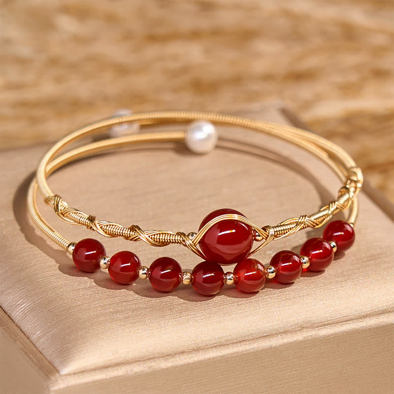 LAOTLON 14K Gold Filled Copper Natural Red Agate Beads Confidence Metal Cuff Bracelet Bangle