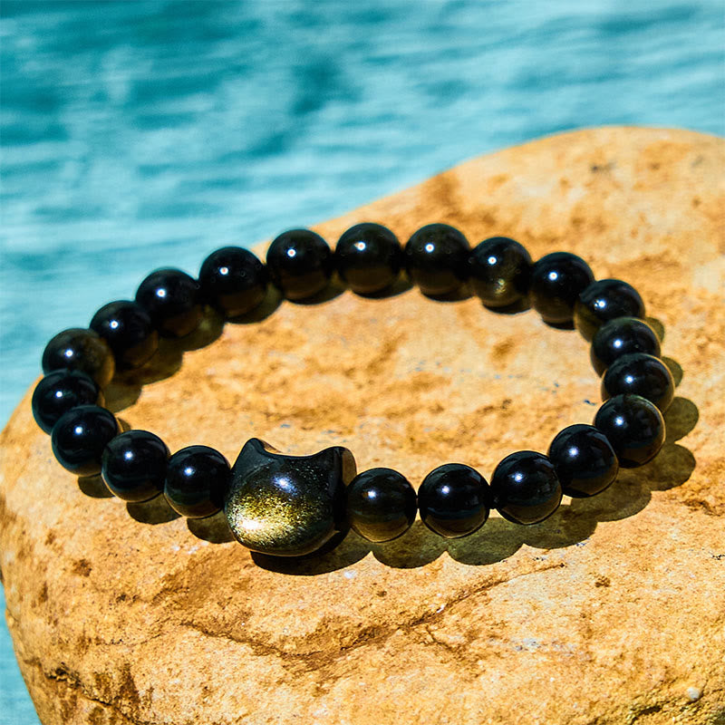 LAOTLON Gold Sheen Obsidian Silver Sheen Obsidian Lovely Paw Lucky Cat Protection Bracelet