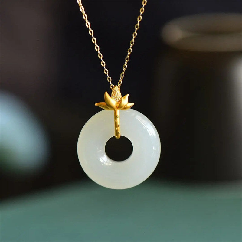 LAOTLON White Jade Lotus Harmony Necklace Pendant