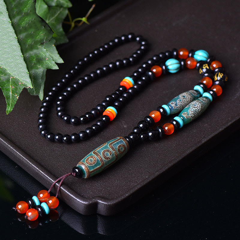 LAOTLON Tibetan Nine-Eye Dzi Bead Dragon Pattern Om Mani Padme Hum Protection Necklace Pendant
