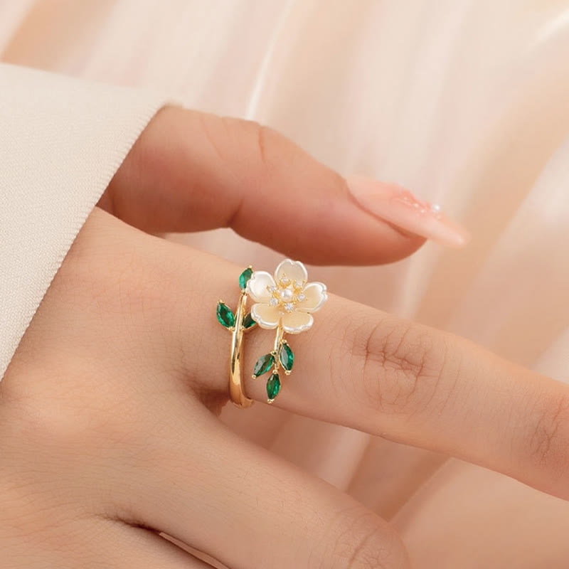 LAOTLON Pearl Flower Zircon Leaves Happiness Wealth Adjustable Ring