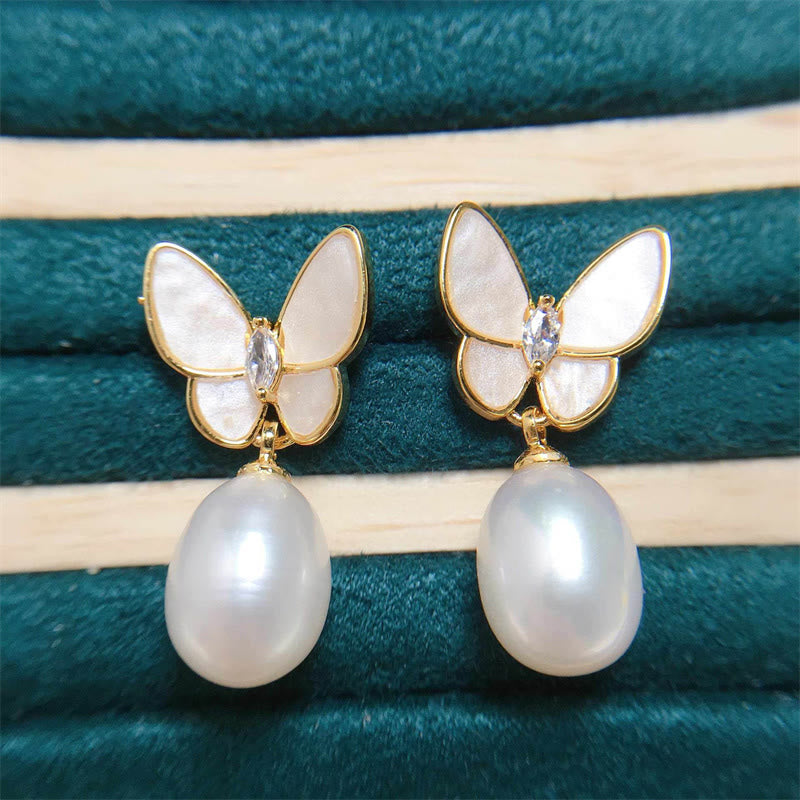 LAOTLON 925 Sterling Silver Posts 18K Gold Plated Copper Pearl Butterfly Optimism Stud Earrings