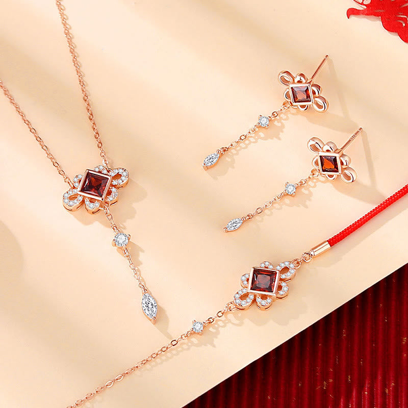 LAOTLON 925 Sterling Silver Chinese Knotting Red Zircon Wealth Necklace Pendant Bracelet Earrings Set