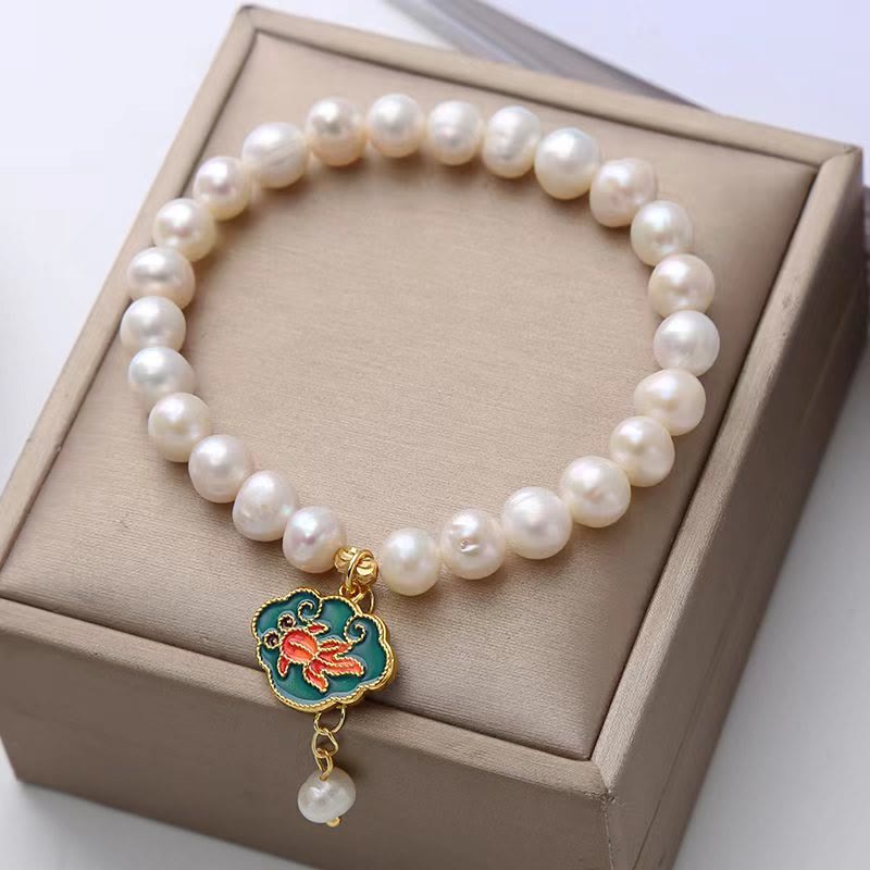 LAOTLON Natural Pearl Lotus Koi Fish Goldfish Optimism Charm Bracelet