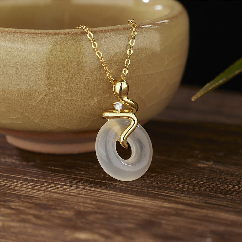 LAOTLON 925 Sterling Silver Year Of The Snake Chalcedony Peace Buckle Positive Necklace Pendant